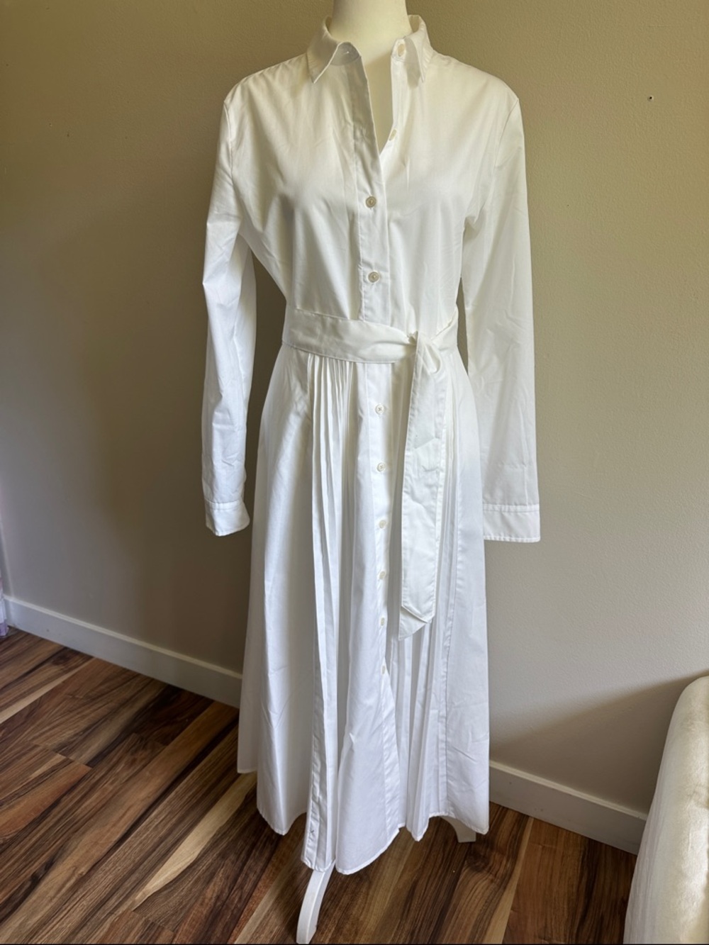 Banana Republic Long Sleeve White Button-Front Maxi Shirt Dress with Waist Tie